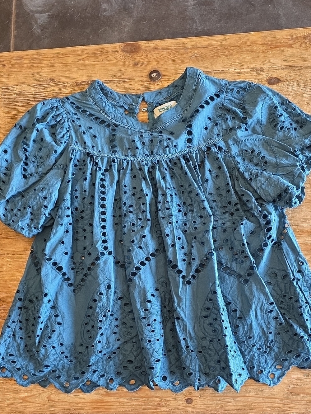 Blue Eyelet Short-Sleeve Peasant Top